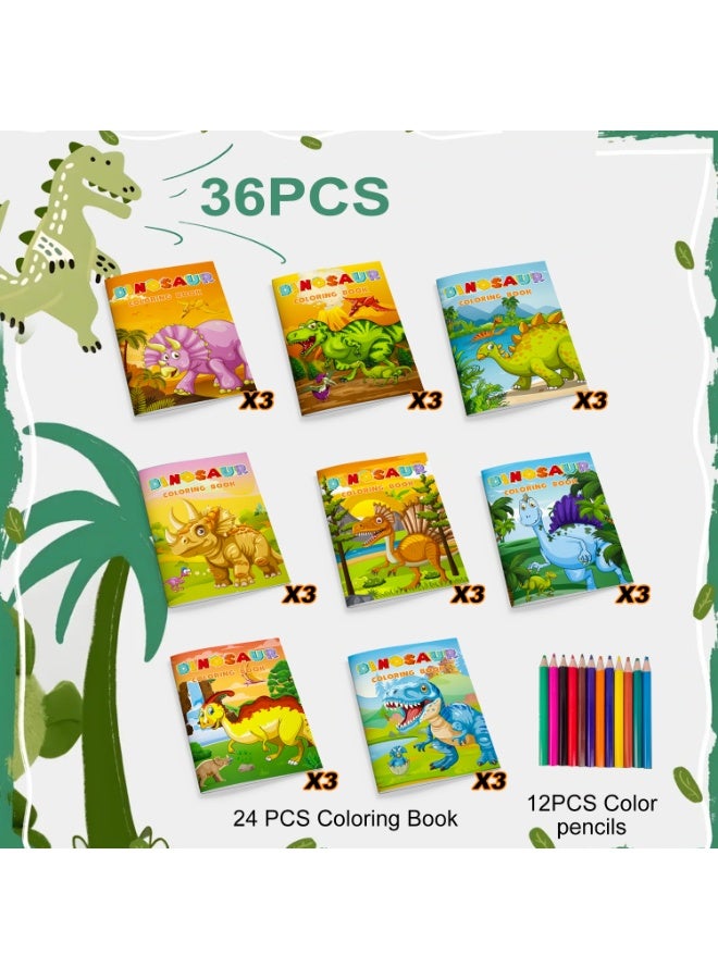 FRUITFUL PARTY 36pcs Dinosaur Mini Coloring Books Craft Kit Set - 24Dinosaur Coloring Book Bulk + 12 Colorful Pencils, Dino Coloring Book for Dinosaur Birthday Decorations Supplies Dinosaur Party Favors Fillers - Image 2
